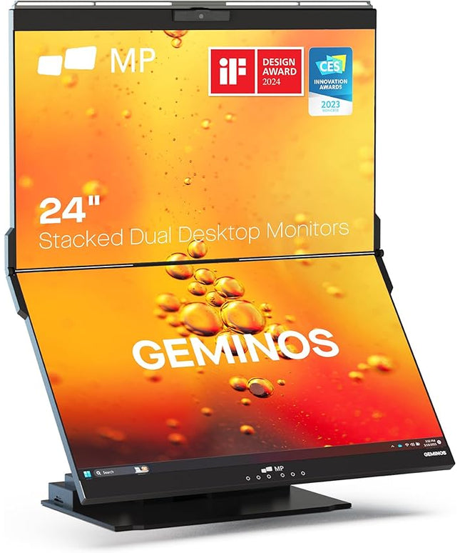 Mobile Pixels Geminos, Dual 24" IPS Stacked Computer Monitors with 65W USB-C Charging, with Adjustable Viewing Angle and 1080p Webcam and 3W Speakers, Multiport Docking Station (Desktop Monitor)