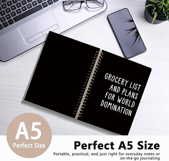LIANGW Grocery List and Plans for World Domination Funny Notebooks Journal, Funny Gag Office Gifts for Coworkers, Office Notebooks, Funny Office Supplies, Black Hardcover Spiral Notebook 5.5x8.3 Inch