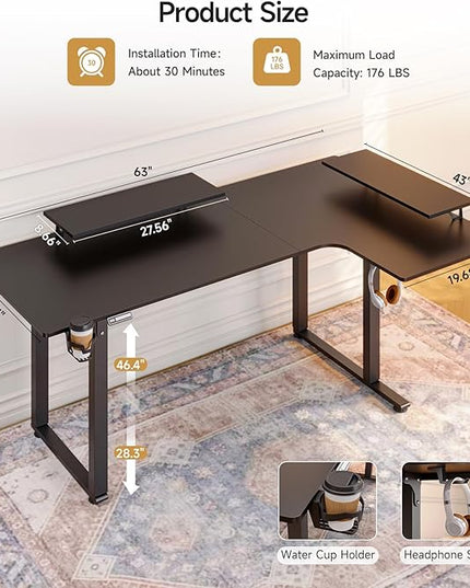 L Shaped Standing Desk, 63x43'' Electric L Stand Up Desk with 2 Adjustable Monitor Shelves, Dual Motor and Memory Controller, Adjustable Height from 28-46'' for Home and Computer Workstation, Black