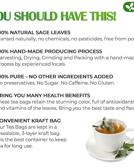 FreshDrinkUS, Premium 75 Sage Leaf Tea Bags, 100% Natural & Pure from Sage Leaves. Loose Leaf Herbal Tea. Made with Natural Material Tea Bags. No Sugar, No Caffeine, No Gluten, Vegan.