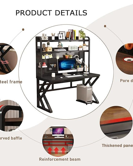 62in Gaming Desk with Bookshelf Combo, Computer Desk with Pegboard, Large Writing Table with Desktop Shelves, Ample Leg Room, for Home Office (Black, 62in)