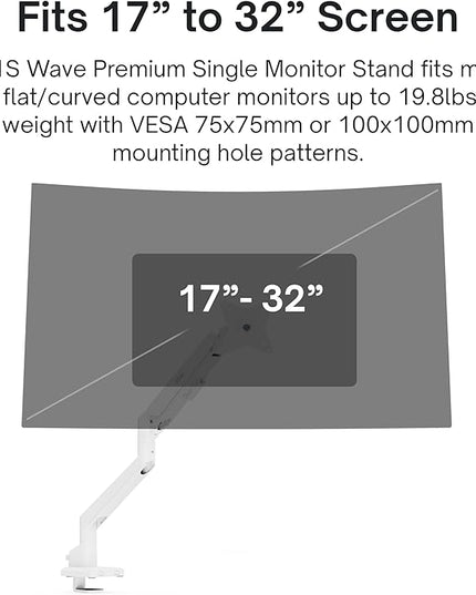 Pixio PS1S Wave White Single Monitor Arm Stand Desk Mount - Fits up to 32 inches Monitors and up to 19.8lbs. VESA Compatibility and Integrated Cable Management