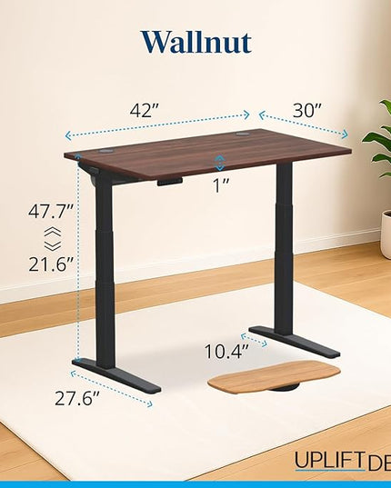 UPLIFTDESK V3 2-Leg Walnut Laminate Wood Standing Desk – Adjustable Height, Advanced 1-Touch Memory Keypad, Under Desk Cable Management, Wire Grommets & Rocker Board (Black C-Frame, 42 x 30 inch)