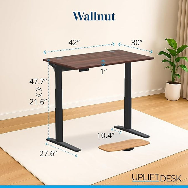 UPLIFTDESK V3 2-Leg Walnut Laminate Wood Standing Desk – Adjustable Height, Advanced 1-Touch Memory Keypad, Under Desk Cable Management, Wire Grommets & Rocker Board (Black C-Frame, 42 x 30 inch)