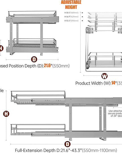 JOWBOOW 2-Tier Cabinet Pull Out Shelves (14" W x 22" D), Slide Out Shelves for Kitchen Cabinets, Metal Under Cabinet Roll Out Shelf