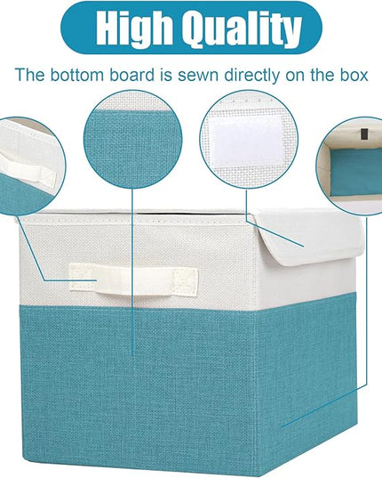 Large 22 Quart Linen Fabric Foldable Storage Bin Cube Organizer Basket with Flip-Top Lid & Handles, Clothes Blanket Box for Home, Office, Closet, Teal & White, 4 Pack 14.6 x 9.5 x 9.5