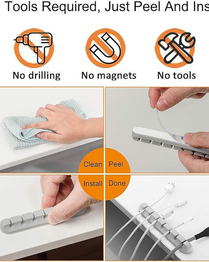 Desk Accessories for Charging Organizer - 5 Packs Grey Computer Desk Accessories and Adhesive Cord Organizer for Cable Holder Cleans Up Messy Wires at Home, Car and Office (7-5-3-1-1 Slots)