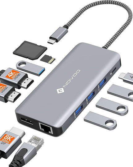 USB C Docking Station, NOVOO Triple Display Type C Hub Dual Monitor HDMI 4K@60Hz DP Multiport Adapter 4USB Ethernet SD/TF 100W PD Dongle Data for Dell/Surface/HP/Lenovo Thinkpad Laptop