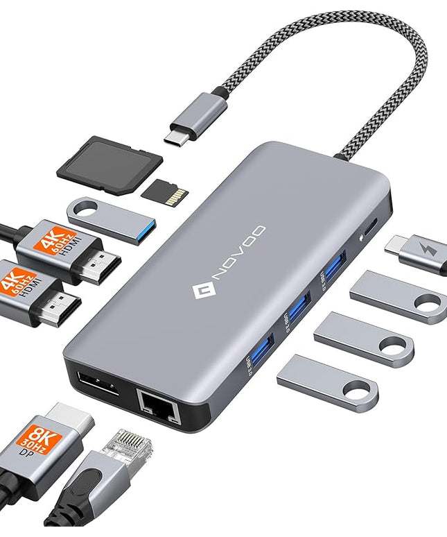 USB C Docking Station, NOVOO Triple Display Type C Hub Dual Monitor HDMI 4K@60Hz DP Multiport Adapter 4USB Ethernet SD/TF 100W PD Dongle Data for Dell/Surface/HP/Lenovo Thinkpad Laptop