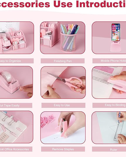 Desk Organizers and Accessories, Office Supplies 15PS Set with Stapler, Staple Remover, Pen Holder, Clips Set, Tape Dispenser, Tape, Phone Holder, 1000 Staples, Ruler, Scissors （Pink）