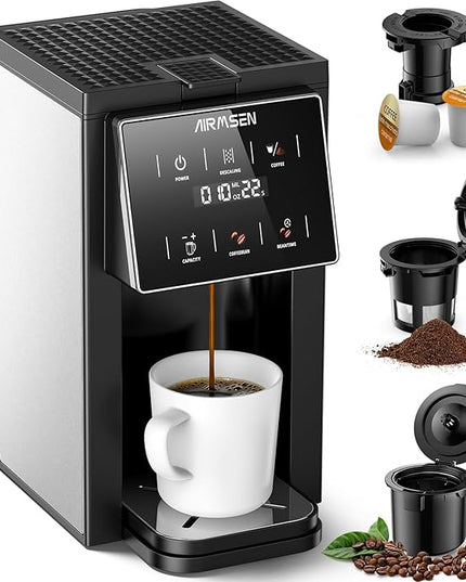 AIRMSEN Grind & Brew Coffee Maker with Built-in Grinder (2026 Model) - Single-Serve, Compatible with K-Cup Pods & Ground, 1000W Fast 6-14oz Brewer, Descaling Alert, Touchscreen & 50oz Removable Tank