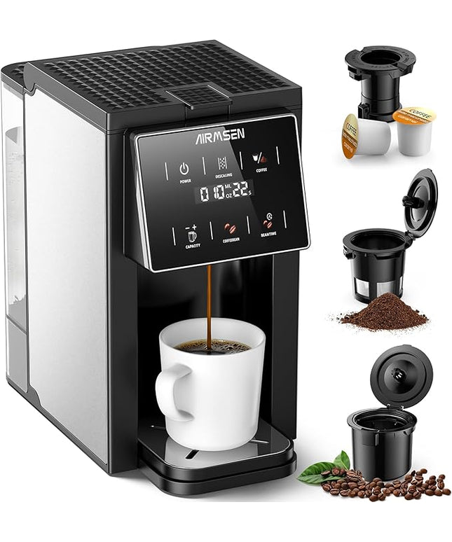 AIRMSEN Grind & Brew Coffee Maker with Built-in Grinder (2026 Model) - Single-Serve, Compatible with K-Cup Pods & Ground, 1000W Fast 6-14oz Brewer, Descaling Alert, Touchscreen & 50oz Removable Tank