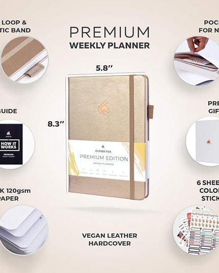 Clever Fox Planner Premium Edition – Undated Luxurious Weekly & Monthly Planner to Increase Productivity and Hit Your Goals – Organizer – Start Anytime, A5, Lasts 1 Year, Pearl (Weekly)