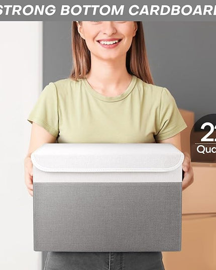 Large 22 Quart Linen Fabric Foldable Storage Bin Cube Organizer Basket with Flip-Top Lid & Handles, Clothes Blanket Box for Home, Office, Closet, Gray & White, 4 Pack 14.6 x 9.5 x 9.5”