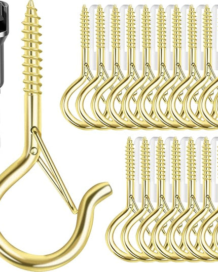 FSAH 48 PCS Q-Hanger Hooks, Screw Hooks for Outdoor String Lights, Safety Buckle Design Cup Eye Hook for Hanging Christmas Lights, Plants, Mounted on Wall Ceiling, Include 1 Wing Nut Driver, Gold