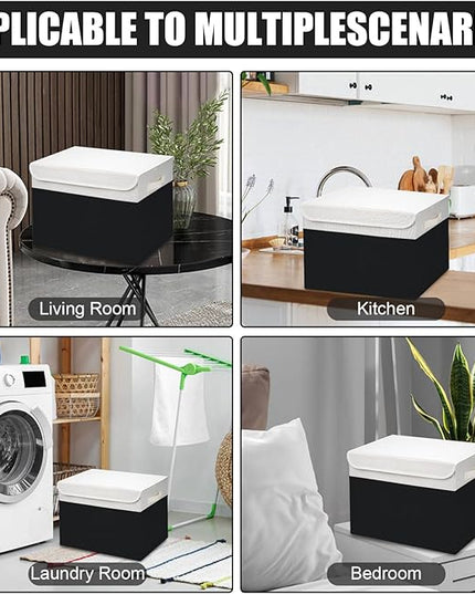 Large 17" 42 Quarts Collapsible Stackable Storage Bins with Lids [3-Pack] Foldable Fabric Linen Storage Boxes Cube, Closet Organizer Baskets with Label for Home (16.7 x 12 x 12", Black & White)