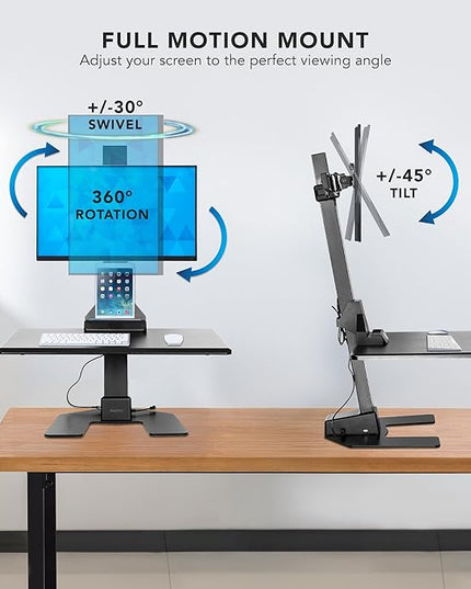 Mount-It! Electric Standing Desk Converter - Motorized Sit-Stand Desk Riser with Monitor Mount, Standup Powered Desktop Lift for Single Monitor up to 32", 28" Wide Keyboard Tray, Adjustable Height