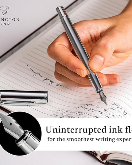 Ellington Pens Luxury Fountain Pen Set - Smooth Fine Nib- Includes 3 Ink Cartridges, Refillable Ink Converter, Gift Box- Fountain Pens For Writing, Calligraphy, Journaling, Sketching (Silver Sonata)