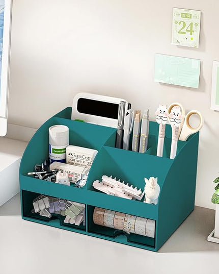 Desk Organizer with 6 Compartments and 2 Drawers, Plastic Makeup Organizer, Pen Holder for Desktop Storage, Desk Organization for School, Home, Office Supplies (Dark Green)