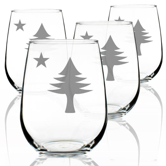 Bevvee Old Maine Flag Stemless Wine Glass for Mainers - 17 oz - Set of 4