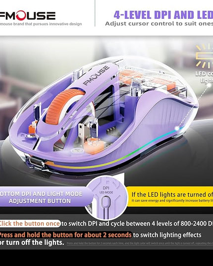 Stunning Transparent Wireless Mouse, Dual Bluetooth & 2.4GHz for Multi Device, USB-C Receiver Ideal for MacBook/Laptops, Rechargeable, Cool LED, Silent, for Girls & Small Hands - Purple