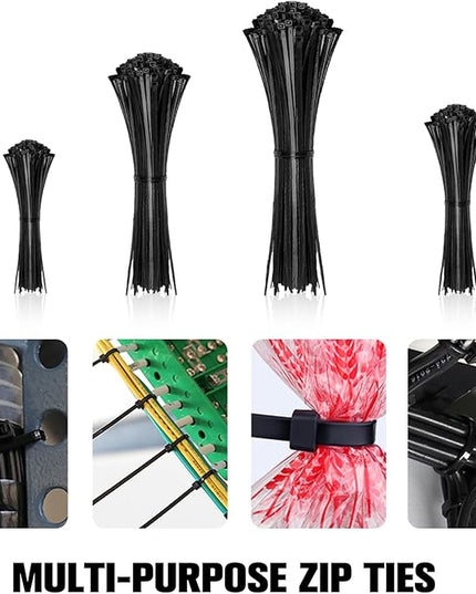 Zip Ties Assorted Sizes(4”+6”+8”+12”), 2000 Pack,Black Cable Ties,Multi-Purpose Self-Locking Nylon Cable Cord Management,Plastic Wire Ties for indoor and outdoor use.
