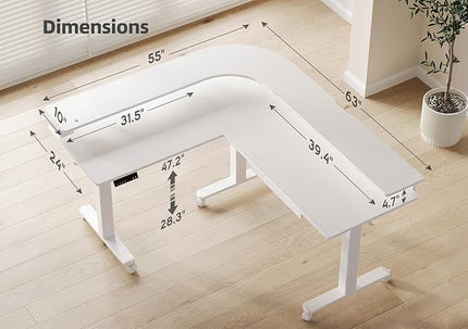 Claiks 63" L Shaped Standing Desk with Drawers and LED Lights, Height Adjustable Electric Corner Standing Desk with Monitor Stand & Power Outlet, 4 Memory Preset, White