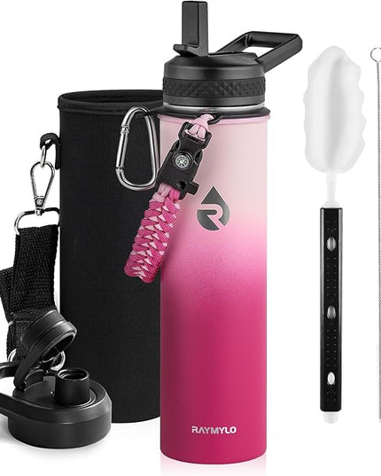 Insulated Water Bottle 24oz, Triple Wall Vacuum Stainless Steel (Cold for 48 Hrs, Hot for 24Hrs), Leak Proof & Non-BPA, 24oz Hydro Water Flask with Paracord Handle & Straw Spout Lids