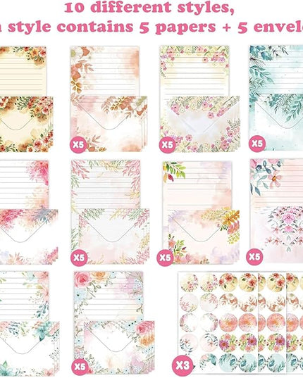 160 Pcs Stationery Paper Envelopes Set Includes 50 Lined Writing Paper & 50 Envelopes with 60 Colorful Round Dot Stickers, Cute Vintage Floral Letter Writing and Stationery Paper Envelopes(10Style)