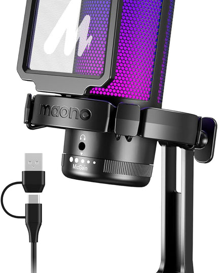 MAONO USB Gaming Microphone for PC, Noise Cancellation Condenser Mic with RGB Lights, Mute, Gain for Streaming, Recording, Podcast, Chat, Twitch, YouTube, Discord, Computer, PS5, PS4, GamerWave