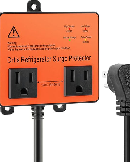 Refrigerator Surge Protector, Ortis Double Outlet Voltage Protector for Home Appliances with Time Delay, Protects Against Brownout, Spike, Instant Surge All Voltage Abnormalities, Orange