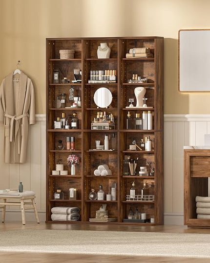 LELELINKY 8 Tier Tall Display Cabinet, Brown Media Storage Cabinet with Adjustable Shelves, Free Standing DVD Organizer Shelf, Floor Multimedia Storage Manga Bookshelf for Living Room & Home Office.