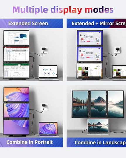 Quad Laptop Screen Extender, 15.6" FHD 1080P Triple Monitor, Combine into One 30" Screen (Landscape/Portrait), Just 1 Cable for 3 Screens, Driver Required, Compatible with Wins & Mac(M1/M2/ M3/M4/M5)