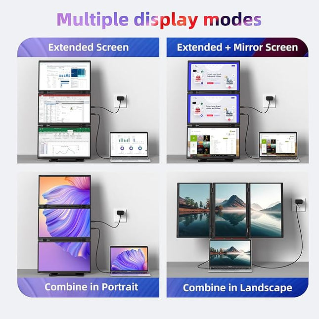 Quad Laptop Screen Extender, 15.6" FHD 1080P Triple Monitor, Combine into One 30" Screen (Landscape/Portrait), Just 1 Cable for 3 Screens, Driver Required, Compatible with Wins & Mac(M1/M2/ M3/M4/M5)