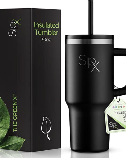 SIPX™ 30 oz Insulated Tumbler with Handle & Straw – Vacuum Insulated Stainless Steel, Leakproof, Cupholder Friendly – Perfect for Iced Coffee, Water & Travel – Black