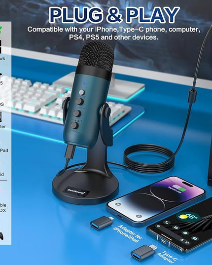 ZealSound USB Condenser Microphone,Computer PC Gaming Mic,Plug&Play Microphones for PS 4&5.Monitor Adjust&Volume Control,Mic Gain Control,Mute Button for TikTok,YouTube Podcast on Mac&Windows(Teal)