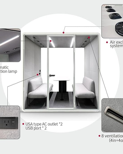 Soundproof Office Pod Booth, Quiet Meeting Pod with Acoustic Panels, Portable Modular Pod, Privacy Booth for Private Phone Calling, 4 People Personal Workspace with Sound Isolation H92in W91in D71in