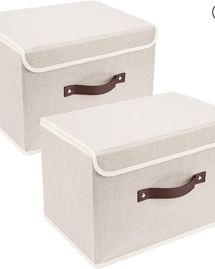 TYEERS Collapsible Storage Boxes, Washable Fabric Storage Bins with Lids, 14.9x9.8x9.8 inches, 2 Pack, Beige