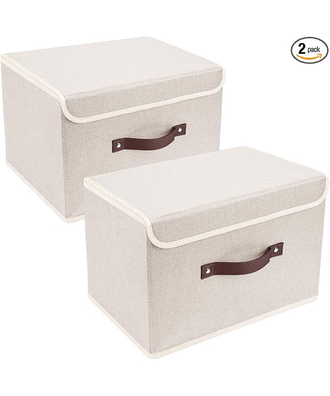 TYEERS Collapsible Storage Boxes, Washable Fabric Storage Bins with Lids, 14.9x9.8x9.8 inches, 2 Pack, Beige