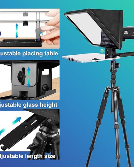 i2/12-inch professional teleprompter, tempered optical glass, all-metal structure, equipped with remote control and dedicated app, compatible with a wide range of devices