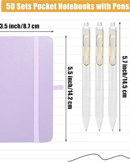 Aodaer 50 Sets Pocket Notebook Journal with Pens, 160 Pages, 3.5 x 5.5 Inch Mini Lined Journal Notebook A6 Leather Hardcover College Ruled Notepad with Pen Holder for School Office Gifts, Lavender