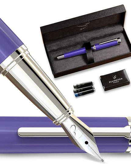 Ellington Pens Luxury Fountain Pen Set - Smooth Medium Nib - Includes 3 Ink Cartridges, Refillable Ink Converter, Gift Box - Fountain Pens For Writing, Calligraphy, Journaling, Sketching (Purple Haze)