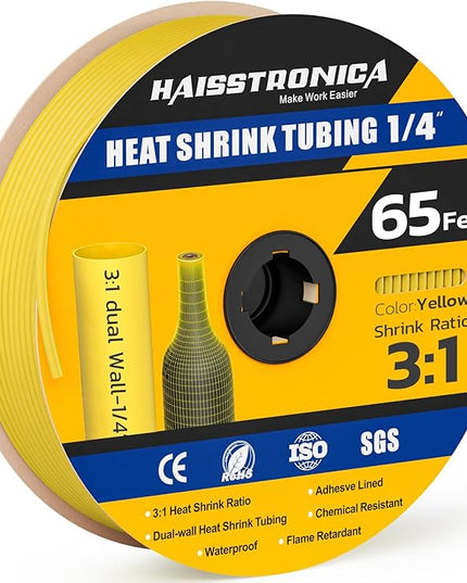 haisstronica 3:1 Heat Shrink Tubing, Shrink Ratio Adhesive Lined Marine Grade Heat Shrink Tube for Home, Automotive and Industrial (Yellow) 65FT 1/4inch