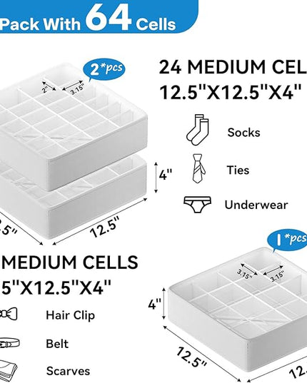 Classical Leather Sock Underwear Drawer Organizer clothes, Closet Dividers，64 Cell (16+24+24) Foldable Leather Storage Box for Panties, Ties, Accessories（3 Pack）