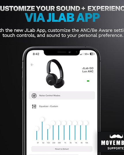 JLab Go Lux ANC Wireless Headphones, Graphite, Hybrid Active Noise Cancelling, Premium On-Ear Bluetooth Headset, Customizable Sound, Be Aware Mode, Cloud Foam Comfort, Multipoint Connection