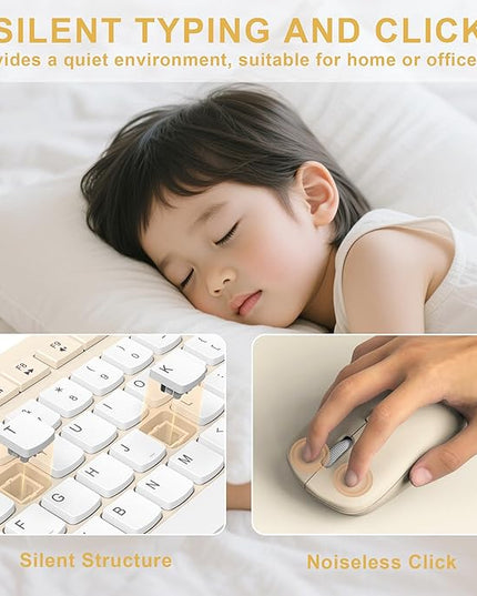Silent Wireless Keyboard and Mouse Combo, Full-Sized Wireless Keyboard and Adjustable DPI Mouse, 2.4GHz USB Receiver, Keyboard and Mouse for PC, Windows, MAC, Desktop, Laptop(Latte-Color B)