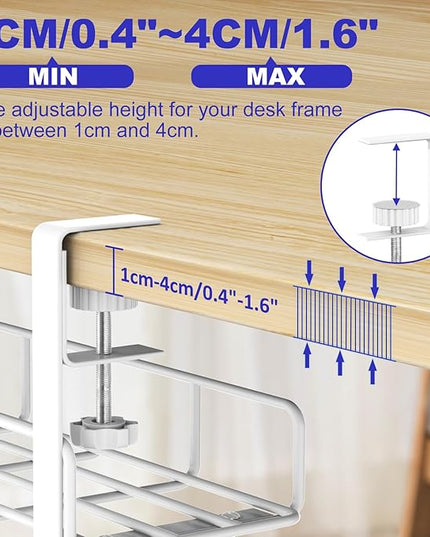 Under Desk Cable Management Tray, 31.5'' No Drill Steel Cable Tray Organizers, Wire Management Tray Cable Rack with Clamp Mount, Metal Under Desk Tray with Wire and Cord Organizer (White, 2 Pack)