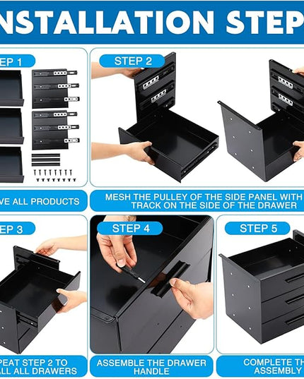 Menkxi 16 Inch Slide out Under Desk Drawer 3 Layer Pull out Desk Organizer Storage Metal Mounted Sliding Hidden Under Counter for Writing Office Sit Stand Workstation, Vertically Stacked, Black