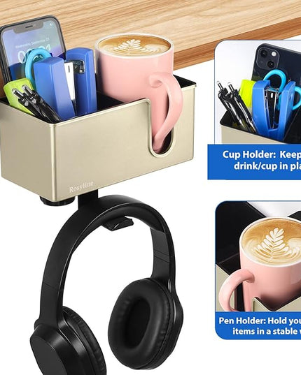 ROSLINE 3-in-1 Clip-on Desk Organizer - Pen, Headphone, and Cup Holder for Expanding Office and Gaming Space (Champagne)
