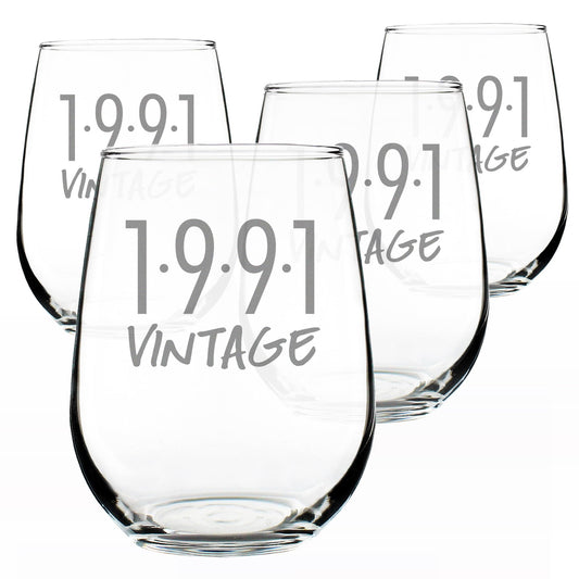 Vintage 1991 Stemless Wine Glass for 35th Birthday - 17 oz - Set of 4